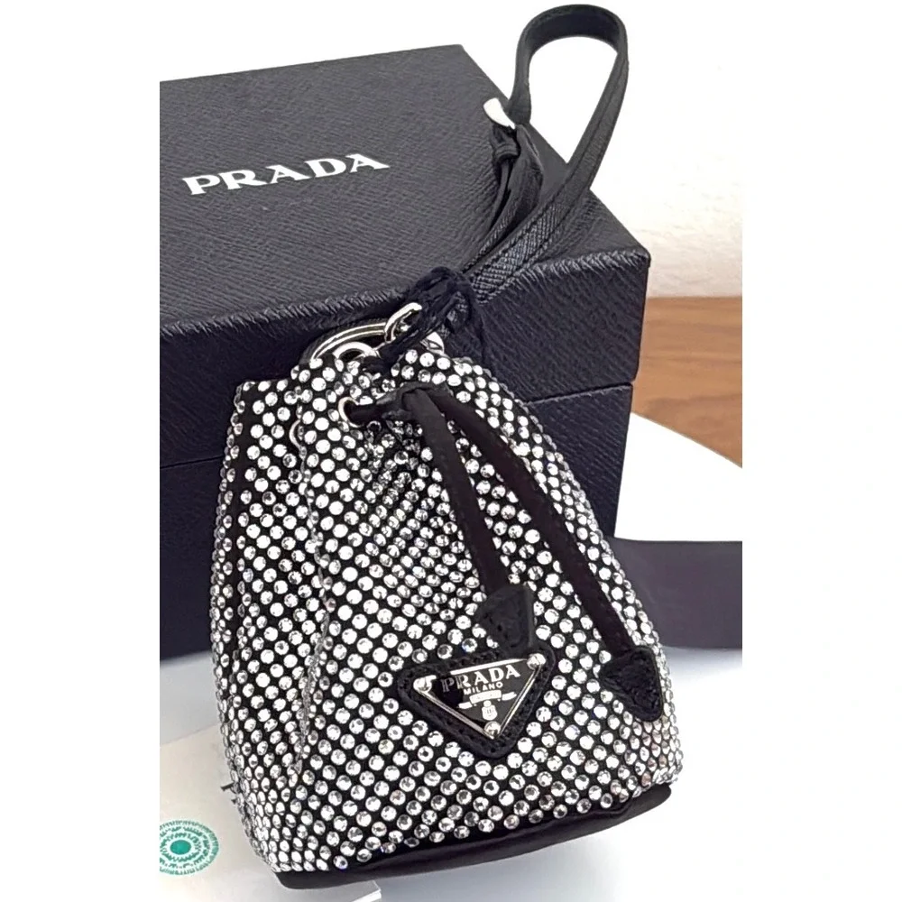 Prada Trick in Tessuto Crystal Bucket Bag Charm Micro Pouch Black Silver 1TT202